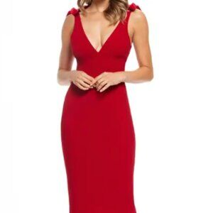 Dress the Population Women's Lita Sleeveless Plunging Midi Sheath Dress W Bows,